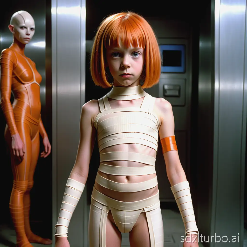 Very slender 11-year-old girl wearing the bandage costume from The Fifth Element