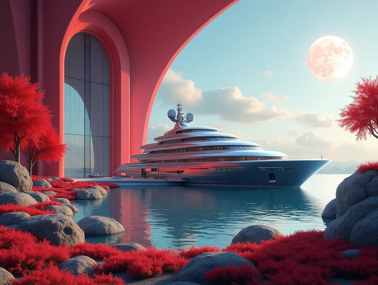 Create a high-resolution realistic image in 4k resolution a futuristic red with silver inside the building with curved tall pillars, valley large trees, rock flowers a futuristic very large yacht with glass windows cloudy sky with moon