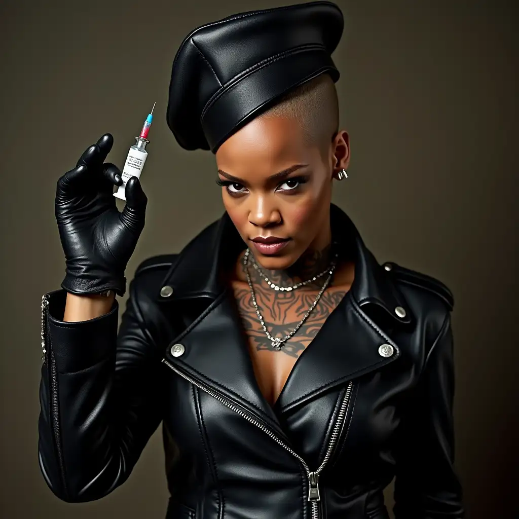 Rihanna-Teasing-with-Vaccine-Injection-Needle-in-Leather-Motorcycle-Jacket