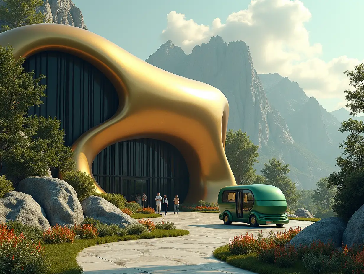 Create a high-resolution realistic image in 4k resolution a futuristic gold with black building with curved pillars, mountains large trees, rocks flowers a futuristic green vehicle with glass window cloudy sky