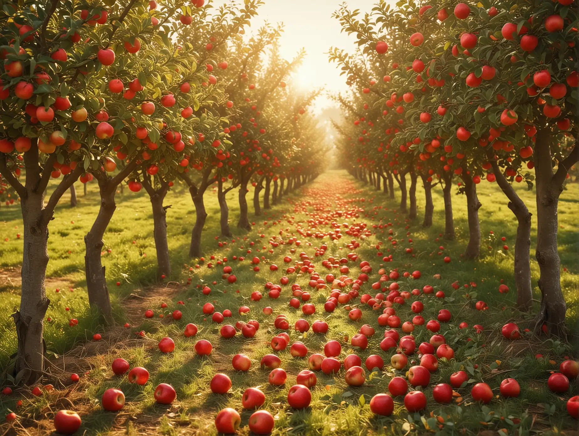 Illustrate a vibrant apple orchard in the warm glow of autumn. Focus on the red apples glistening under the sunlight, with fresh green leaves and rows of apple trees stretching into the background. Add a subtle light effect on the apples to highlight their freshness and shine.