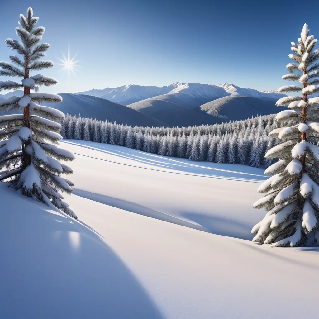 A wide-angle shot of a serene winter landscape featuring snow-covered pine trees under a crystal-clear blue sky. The foreground shows untouched snow glistening in the sunlight, while the background has rolling hills and distant mountains. The image conveys calmness and purity, making it suitable for holiday postcards, desktop wallpapers, or outdoor gear advertisements.