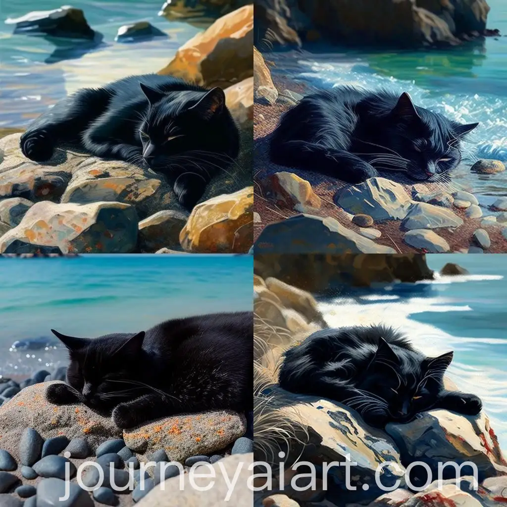 Lazy-Black-Cat-Sleeping-on-Seashore-at-Noon