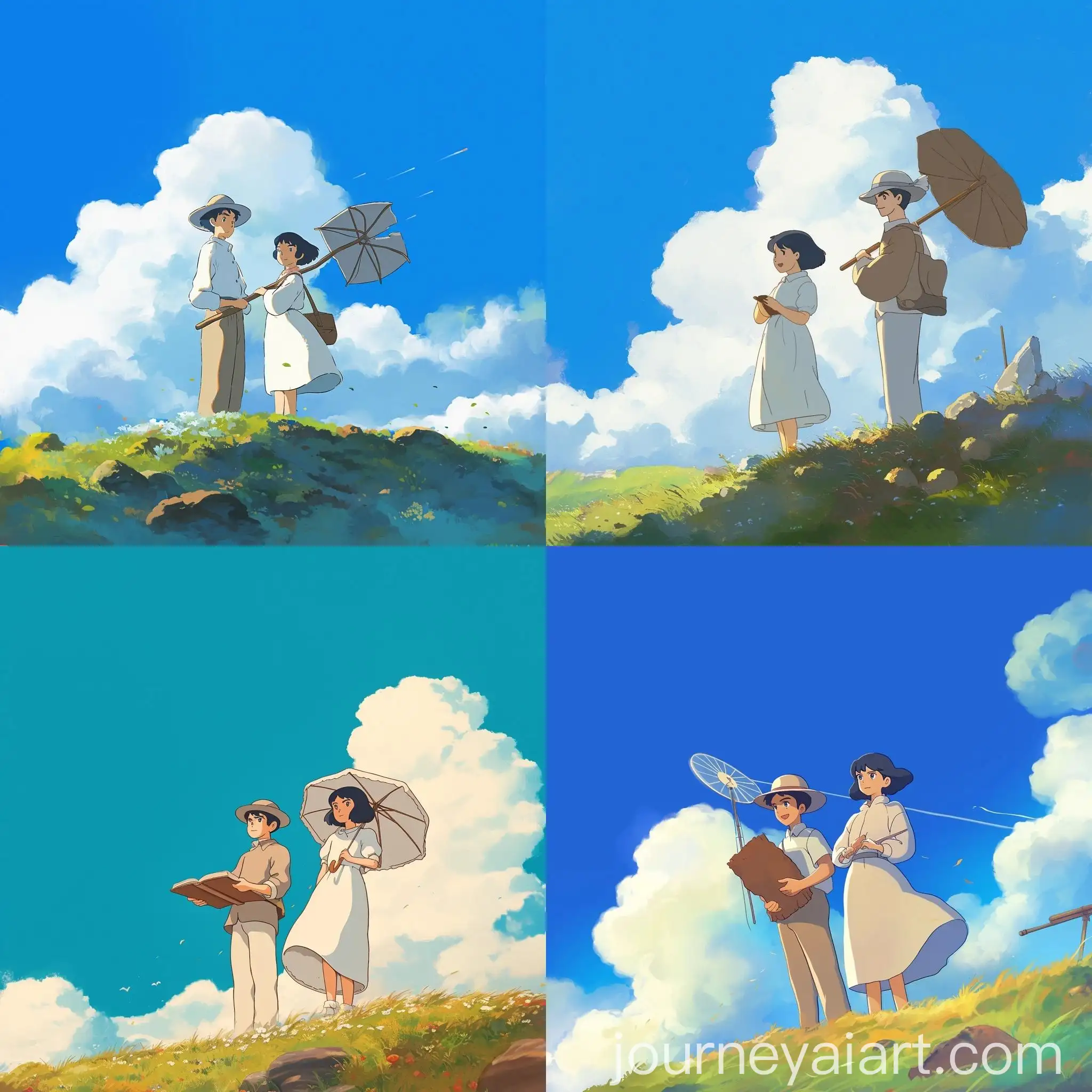 Children-on-Hilltop-under-Blue-Sky-in-Ghibli-Style