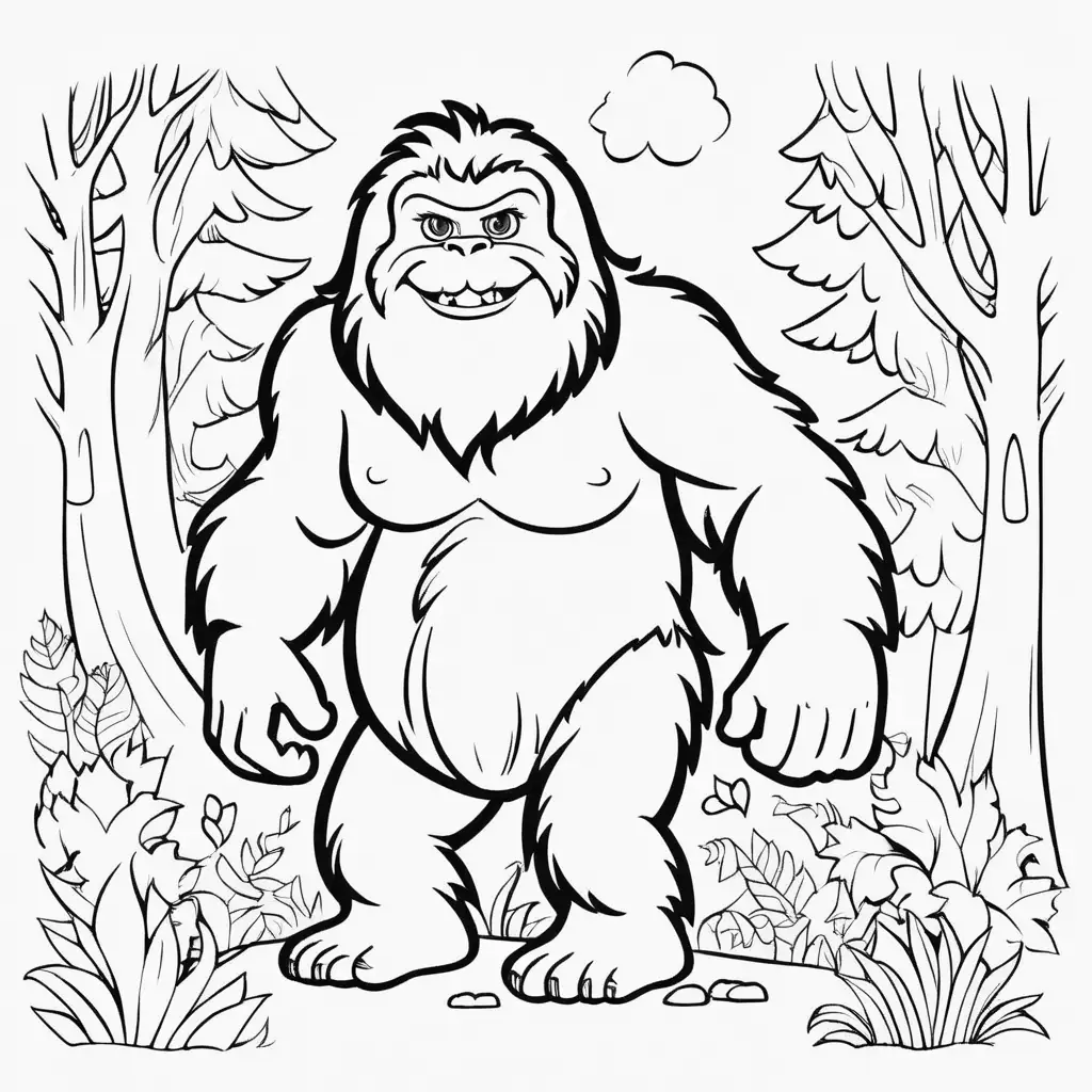 Cute Coloring Book Bigfoot with CatLike Face Black and White