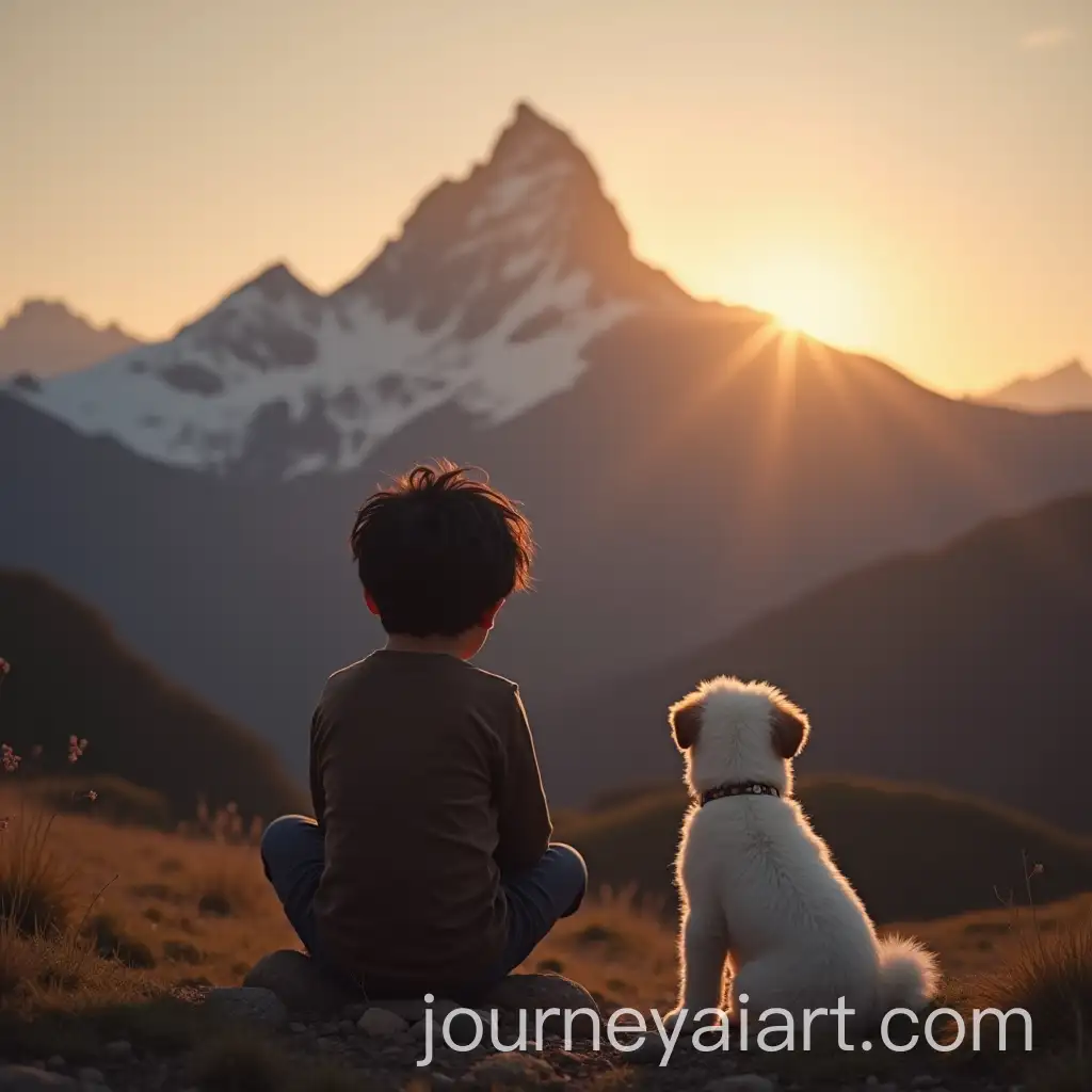 9YearOld-Child-and-Small-White-Dog-Facing-Andes-Mountains-at-Sunset