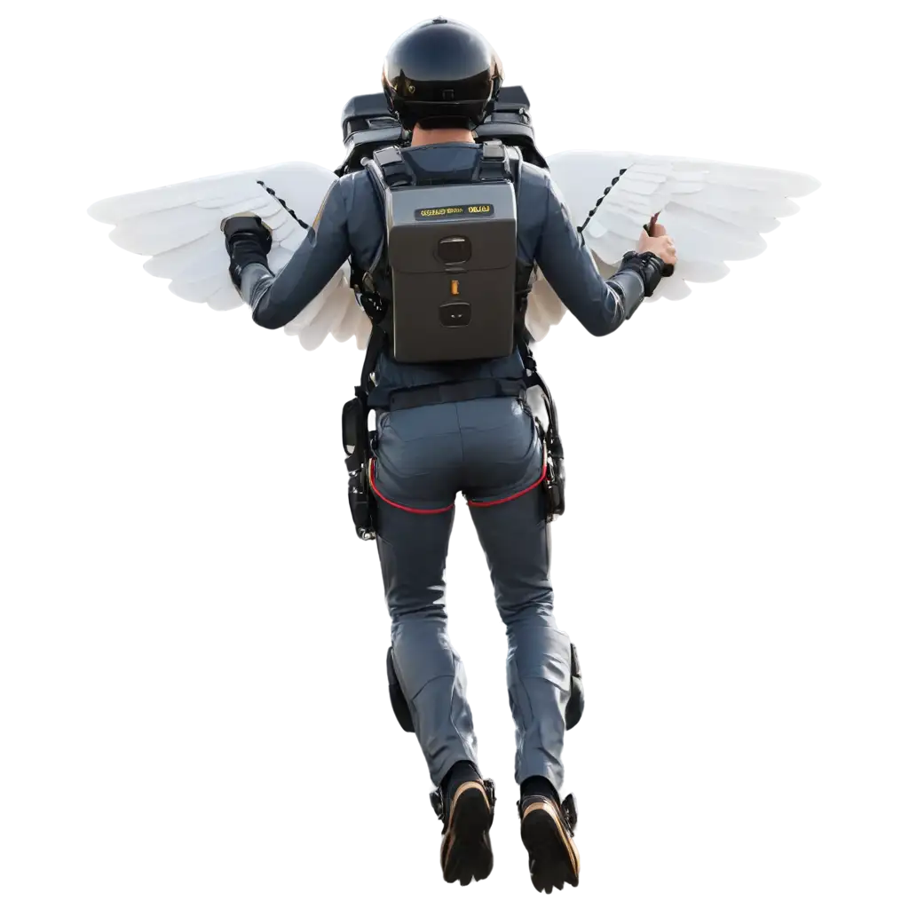 Jetpack for the back with turbines, and on the jetpack have military aircraft type wings and plasma shield and a geopositioning button with artificial intelligence called meca.