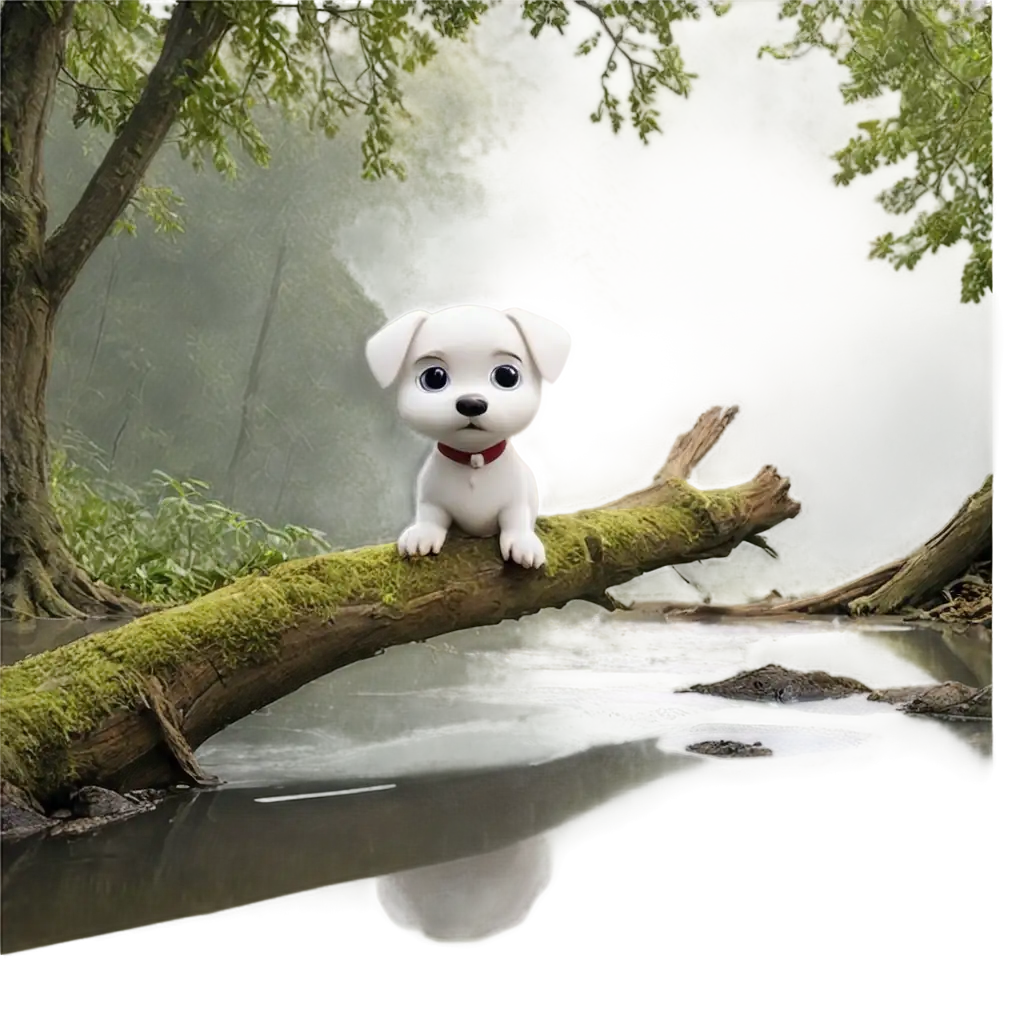 animated image of a white little dog child on a fallen sad and frightened tree, trying to cross a river with a forest background with bubbling water and vegetation around it