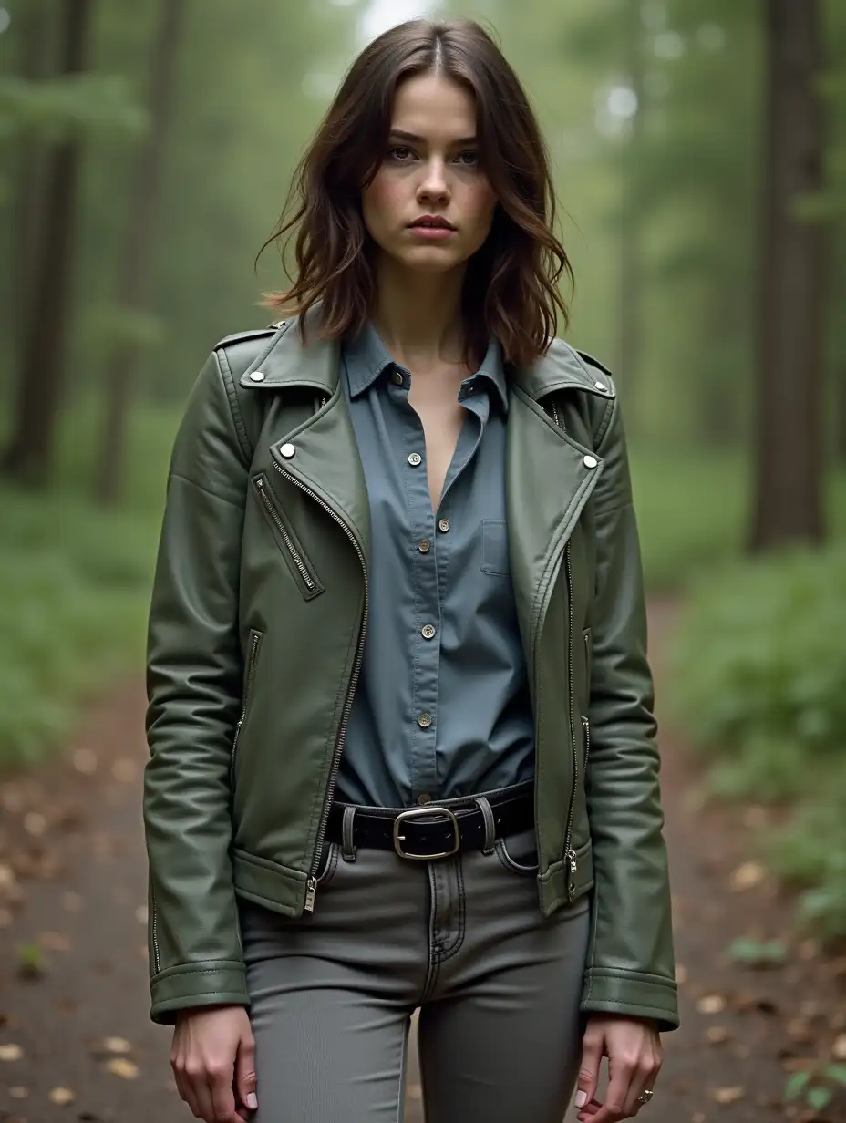 Half Length View of a young woman wearing a plain, fitted grayish/pale navy blue button up shirt, a rugged pale green leather jacket slightly oversized, a pale gray slim-fitting jeans. Sturdy black combat boots that are scuffed and well-worn. A simple black belt with a silver buckle (in a accurate dark brown shoulder-length hair slightly messier than usual—uncombed and practical, and subtle makeup effects, such as light shadows under her eyes). In a forest, reminiscing of Supernatural TV Show scenery (Her clothes being a nod to Soulless Sam Winchester muted clothes from Supernatural Season 6). Daytime Setting. (4K Resolution Photo and HDR)