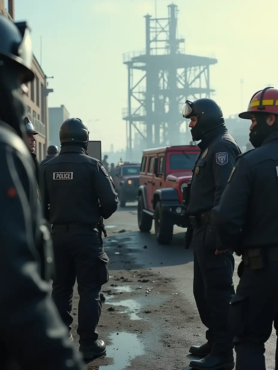 It generates a hyper-realistic image of a convoy of black vehicles arriving at the scene of the fire. The officers, dressed in dark suits and masks, confiscate equipment from the firefighters as they watch, visibly confused and frightened. In the background, the metal structure is still gleaming amidst the debris.