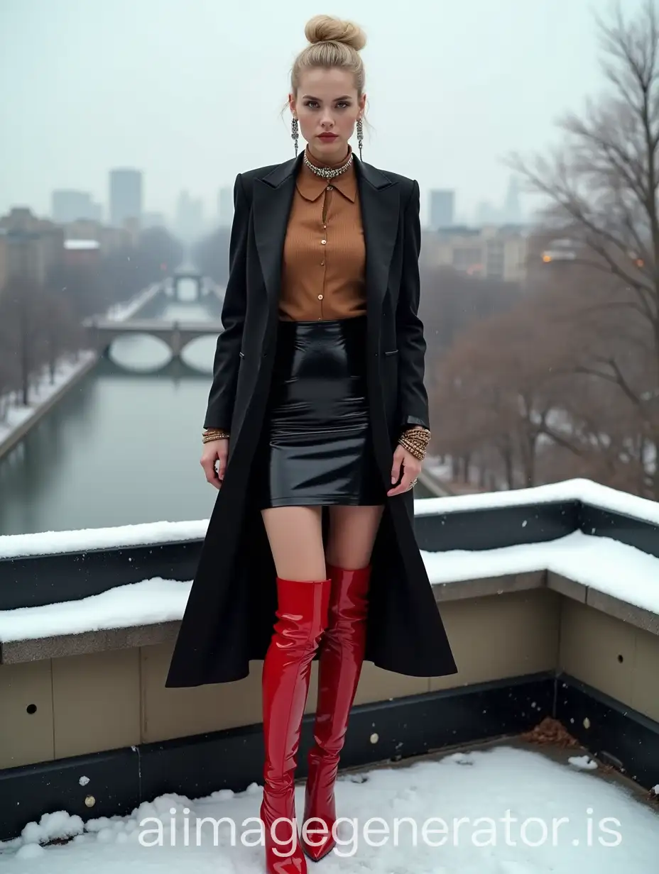 Full body shot of a blond Russian model , with a bun, a lot of bracelets, collars and earrings, wearing very high red patent very high thigh high boots with very high stiletto heels, a very formal fabric orchestra concert tuxedo with black long sleeve high cut cropped Eton jacket, cognac tuxedo shirt, a black patent leather pencil skirt, on a rooftop over Central Park in New York under snow