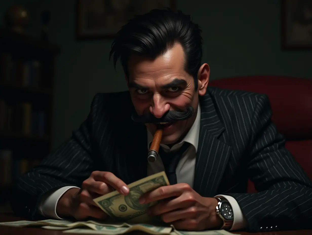 Mysterious-Hispanic-Man-in-Pinstripe-Suit-Counting-Money-in-Dark-Office