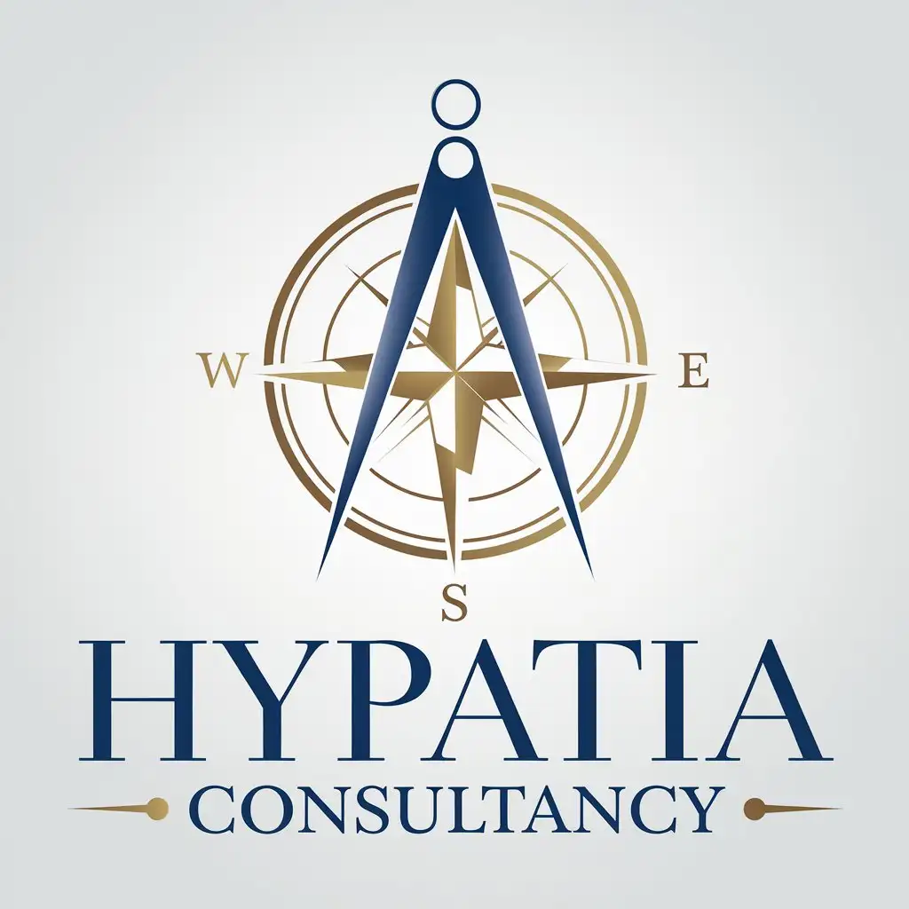 a vector logo design,with the text "Hypatia Consultancy", main symbol:a vector logo design,with the text 'Hypatia Consultancy', main symbol:Elements to Incorporate: n• Company name: Hypatia Consultancyn• Symbol sleek and stylish of Mathematics and Precision: Compassn• Neoplatonism symbol: an abstract symbol sleek and stylish that represents the quest for truth.n• Color: Sapphire Blue and Goldn• Modern and Clear Typography: Clean and contemporary sans serif font for a professional look.,complex, clear background,complex,be used in Technology industry,clear background