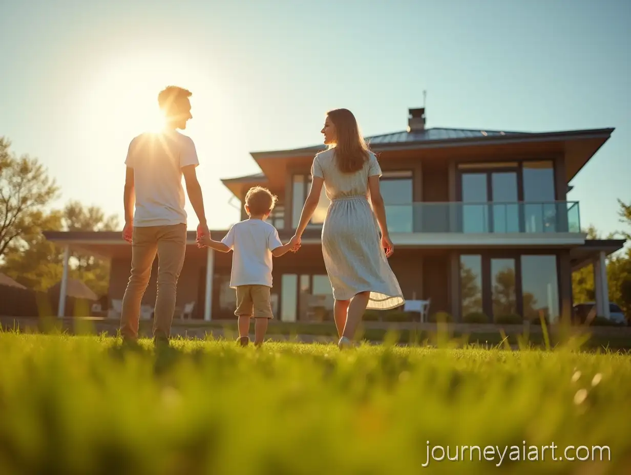 Joyful-Family-Standing-in-Front-of-Their-Dream-HouseJoyful-Family-in-Dream-House-at-Golden-Hour