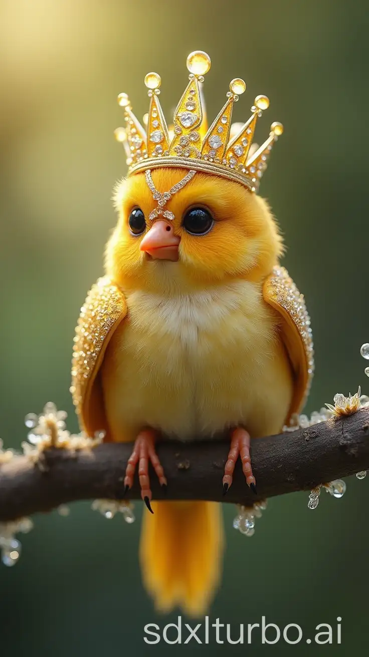 Cute-Bird-with-Golden-Diamond-Crown-Perched-on-Dewcovered-Tree-Branch