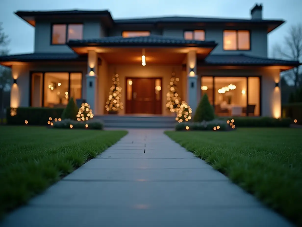 Modern-House-Facade-with-Christmas-Lights-and-Lush-Lawn