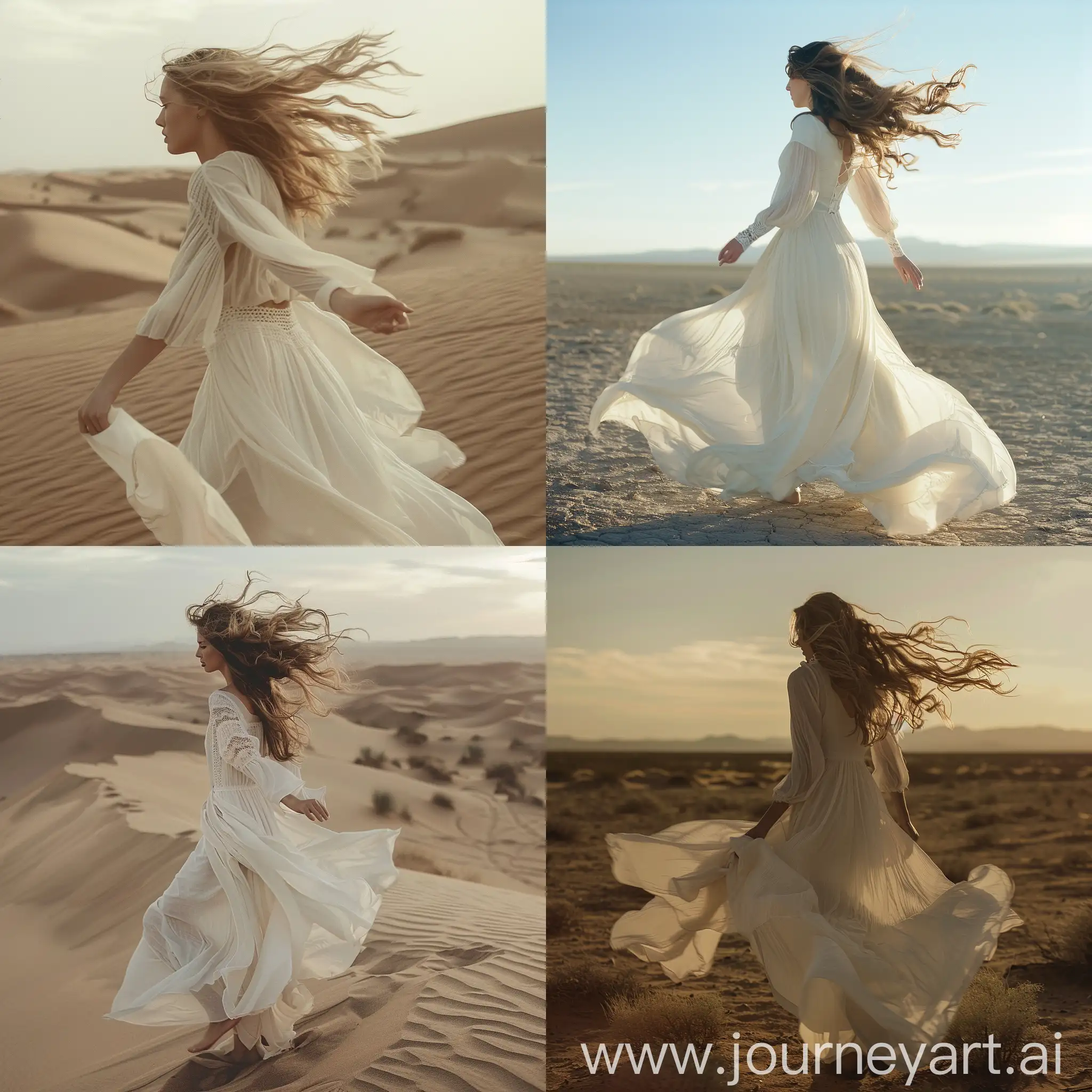 Woman-in-Long-White-Dress-with-Hair-Blowing-in-Desert-Landscape