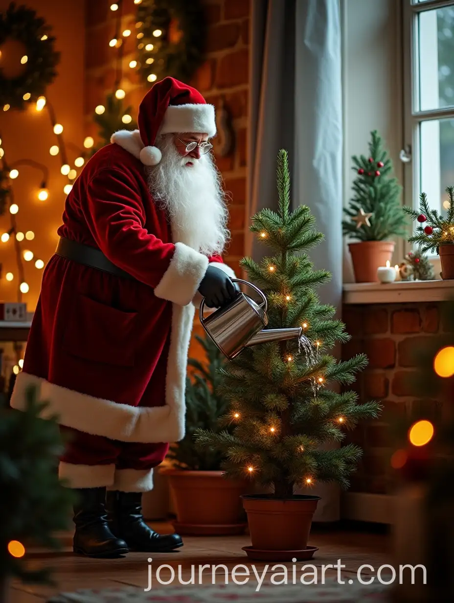 Santa-Watering-Christmas-Tree-in-Cozy-Decorated-Room