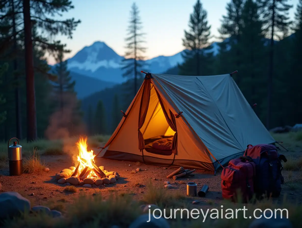 Serene-Forest-Campsite-with-Modern-Tent-Campfire-and-SnowCapped-Mountains