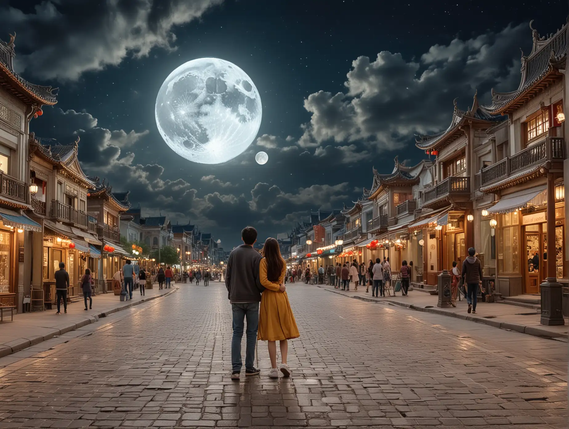 In the evening, a round moon has just risen, but it's a bit far away and half of it is hidden behind clouds. It's very beautiful. There's a road on the left and a mall on the right. A boy and a girl are on the second floor of the mall, appreciating the moon. The girl points to the moon, while the boy holds a music box for the girl to see. It feels very romantic. Master level, high quality, high resolution. Memory, the boy and girl are generally big. Chinese streetscape  country wind