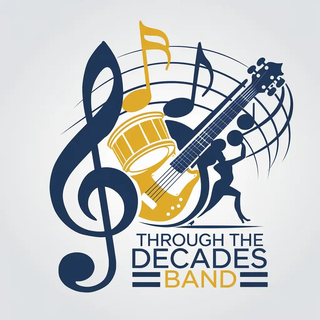 LOGO Design for Through the Decades Band Music Notes Instruments and Vintage Vibe