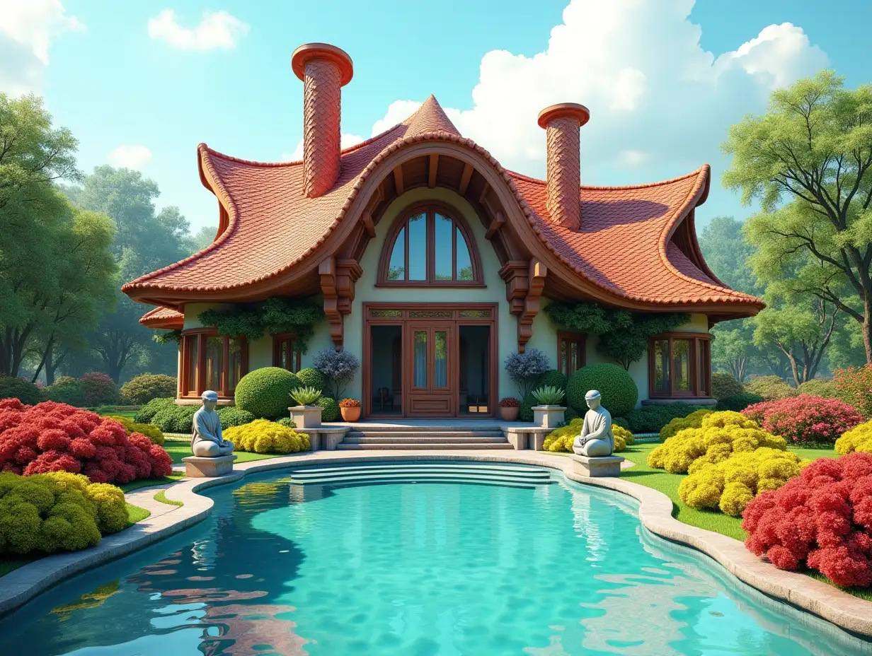 Create a house with a twisted roof with people, with a large garden and pool with a large, colorful bushes and statues