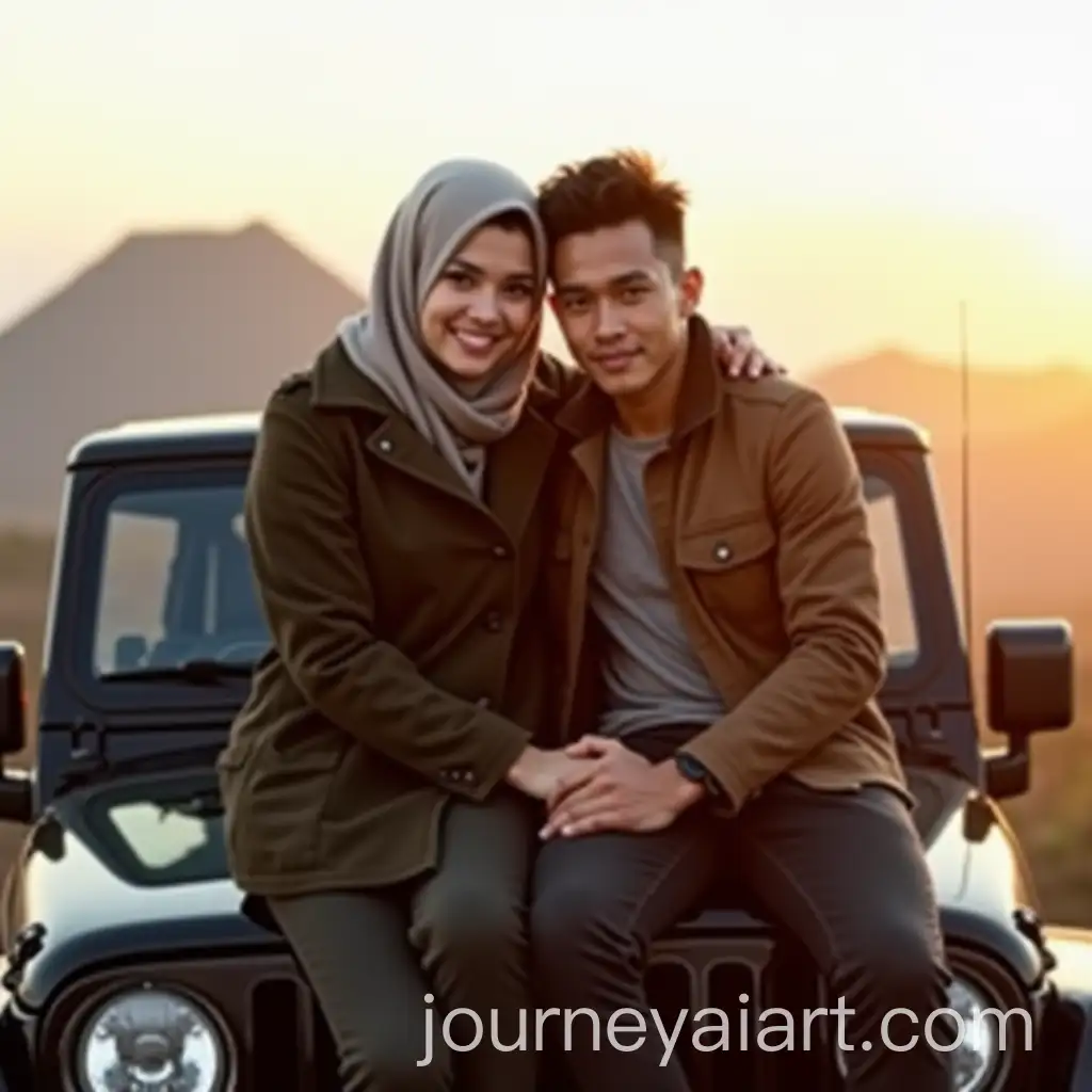 Young-Couple-in-Winter-Clothing-on-Jeep-Hood-with-Mount-Bromo-in-the-Background