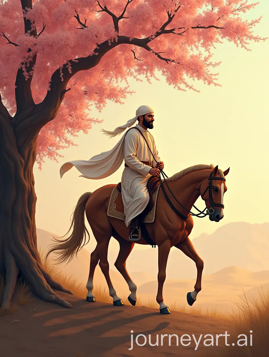 MiddleAged-Muslim-Man-Riding-a-Horse-Near-a-Blossoming-Tree