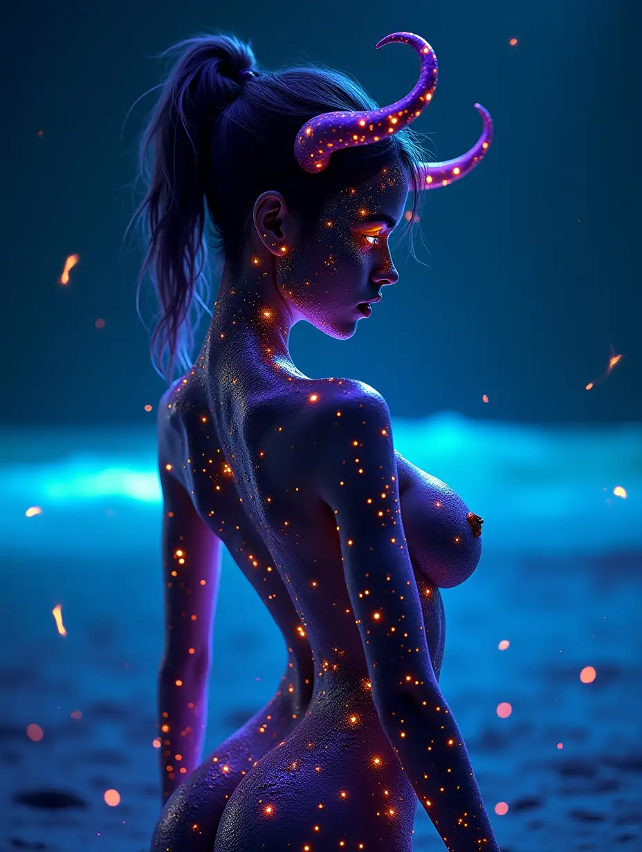 topless, body | lucid dream-like, petite and very skinny waist, extremely huge busty, brick house, wide hips, liquid metal skinned with glowing circuit, demon woman ::200 style | with glowing skin and eyes and hair, beautiful, she is dripping in neon lights, very colorful blue, green, purple, bioluminescent, glowing ::300 background | beach, vivid neon wonderland, particles, blue, green, purple ::8 parameters | rule of thirds, golden ratio, assymetric composition, hyper- maximalist, octane render, photorealism, cinematic realism, unreal engine, 8k ::8 --ar 16:9