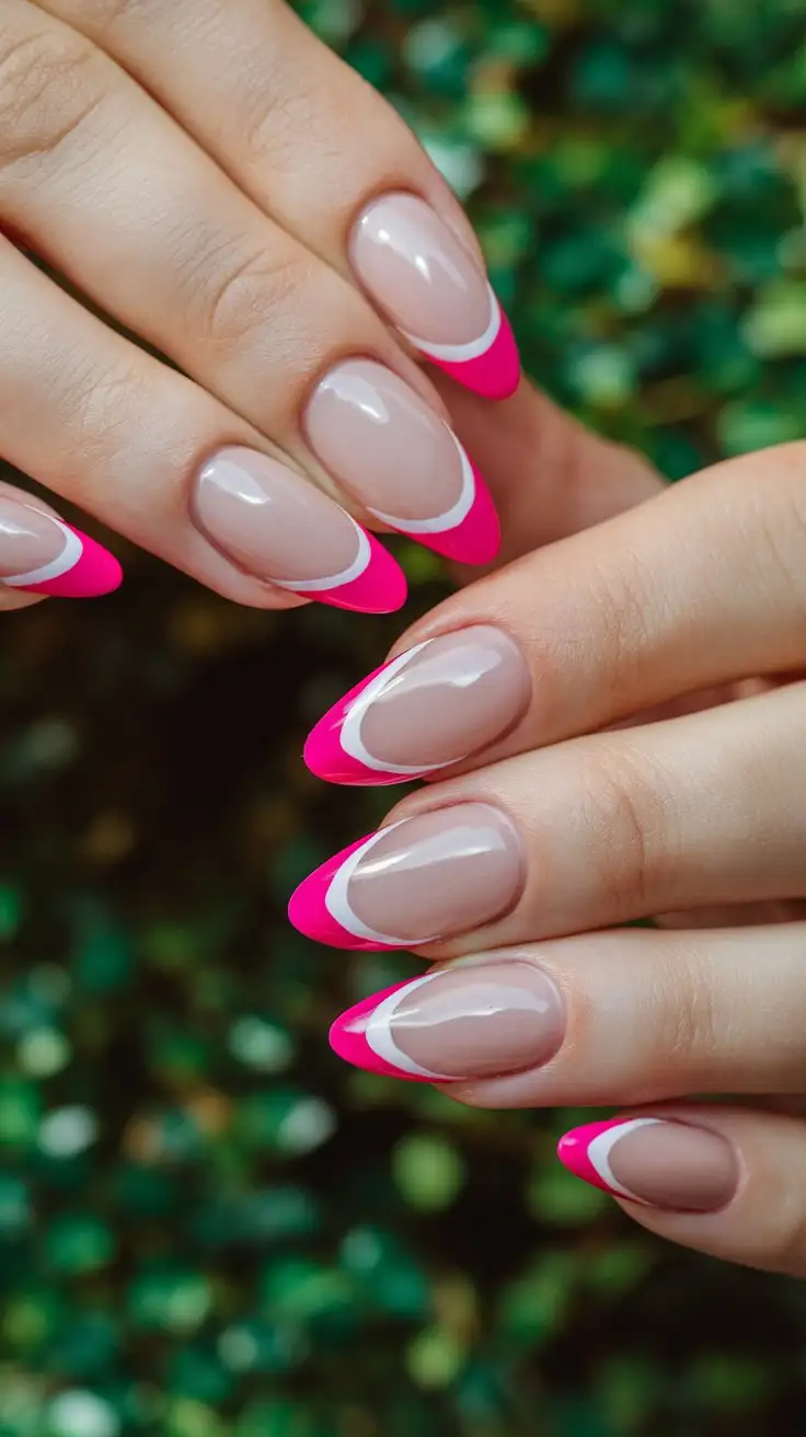 Close-up of French manicure with hot pink tips on a hand with stiletto nails. The base is a milky white or sheer nude, sharply contrasting with the vibrant hot pink tips. Focus on the crisp line of the French tip and the boldness of the hot pink.  Background is a vibrant green foliage, out of focus.