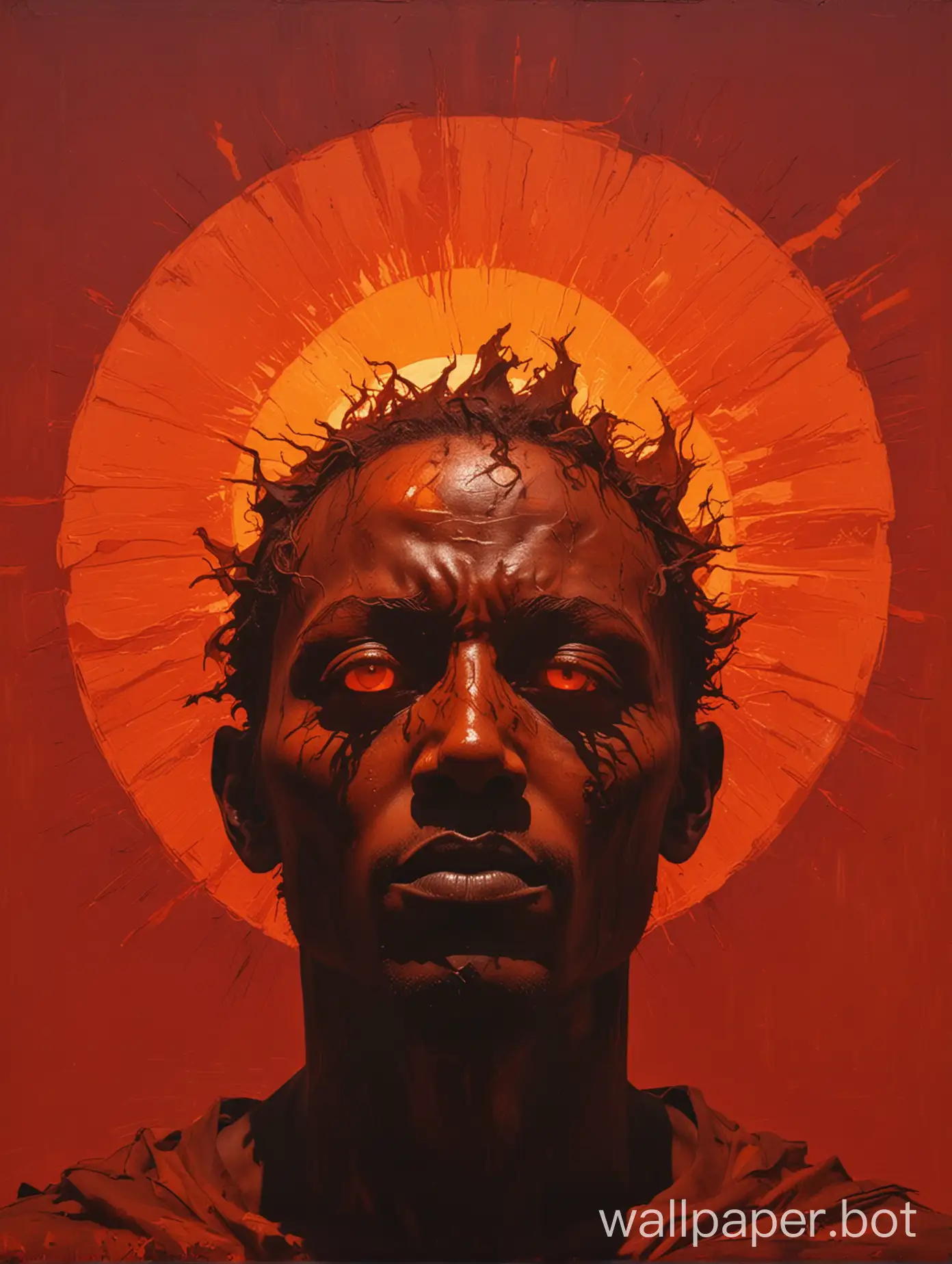 dark and mysterious, neo-expressionism, A dark-skinned male figure with a distorted, monstrous face silhouetted against a large, glowing orange sun on a deep red background