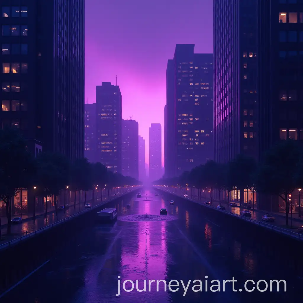 Urban-Nightscape-with-Tall-Buildings-in-Purple-Rain