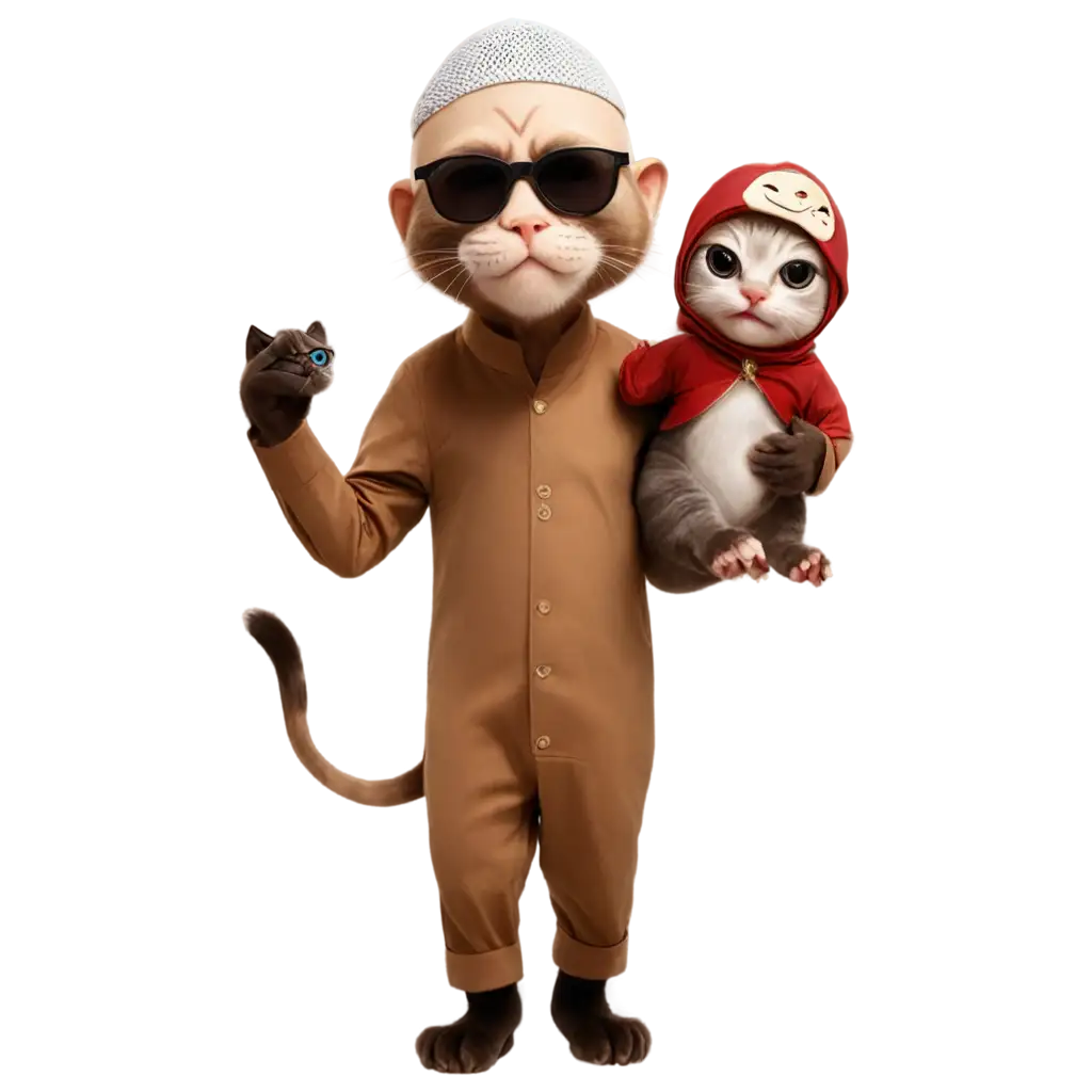 Bald-Cat-in-Monkey-Outfit-with-Kitten-Child-PNG-Image-Against-Mosque-Background