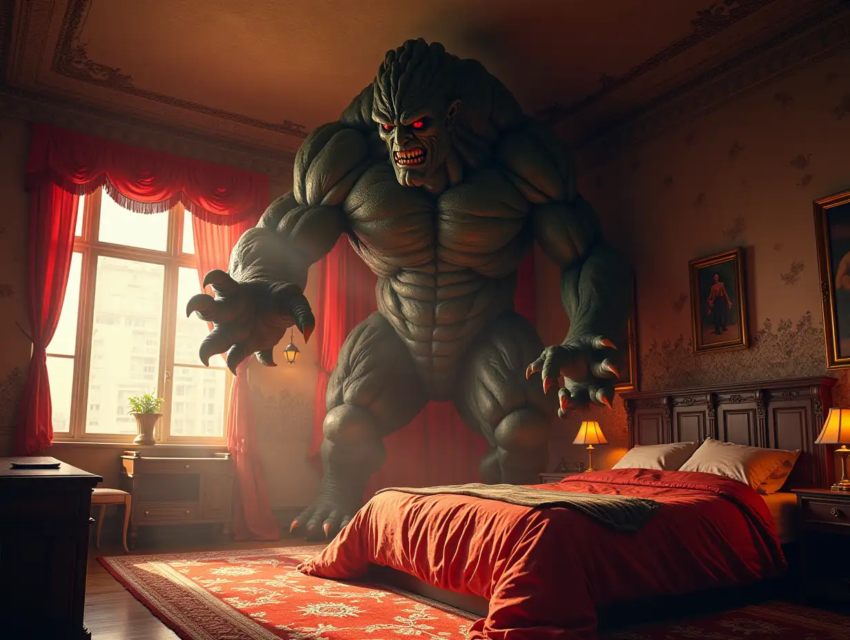 a very large bedroom with statue of the attack on titan monster 180 degree panoramic shots 8K resolution colorful