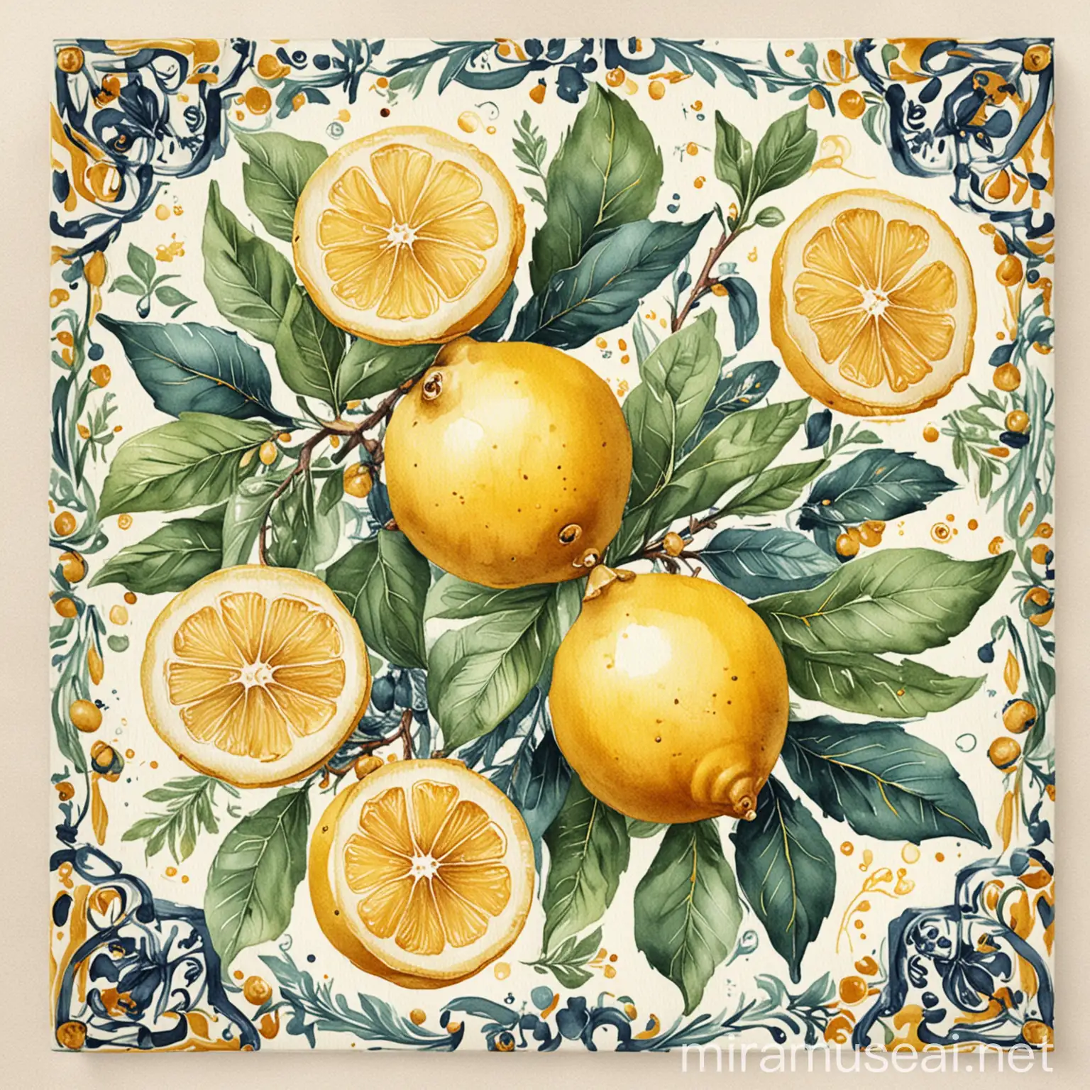 Vibrant Watercolor Lemon Tile Design Mediterranean Citrus Freshness