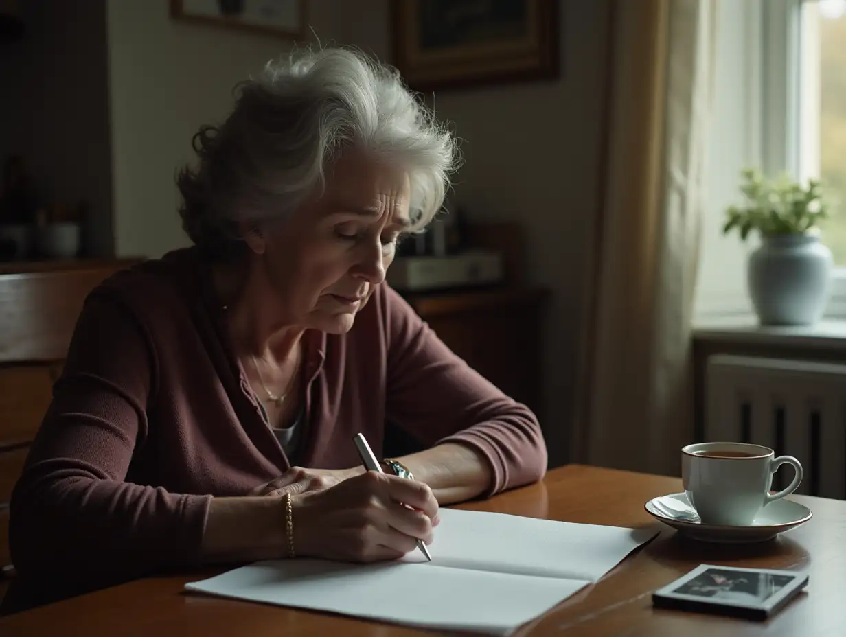 MiddleAged-Woman-Writing-a-Letter-with-Tea-and-Photo-on-Kitchen-Table