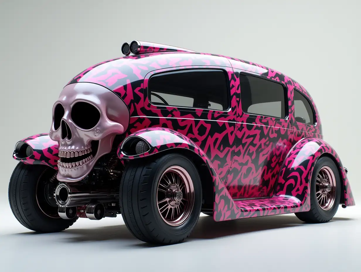 A supermodern utopian sportomnibus, with a lowered bodywork featuring a skull, aluminum wheels, wide tires, pink and black zigzag pattern, Science-Fiction