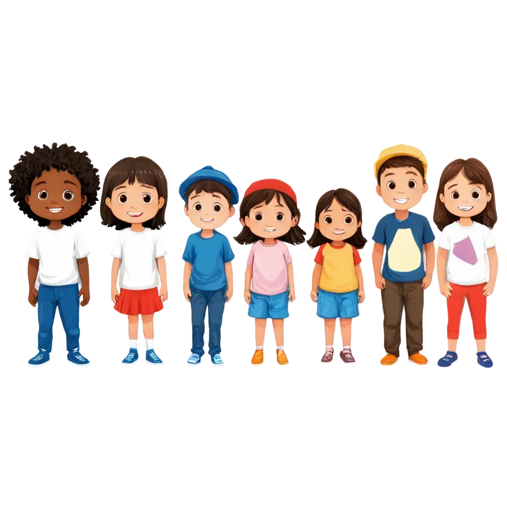 Seven-Little-Kids-in-Row-Cartoon-PNG-HighQuality-2D-Image-for-Versatile-Use