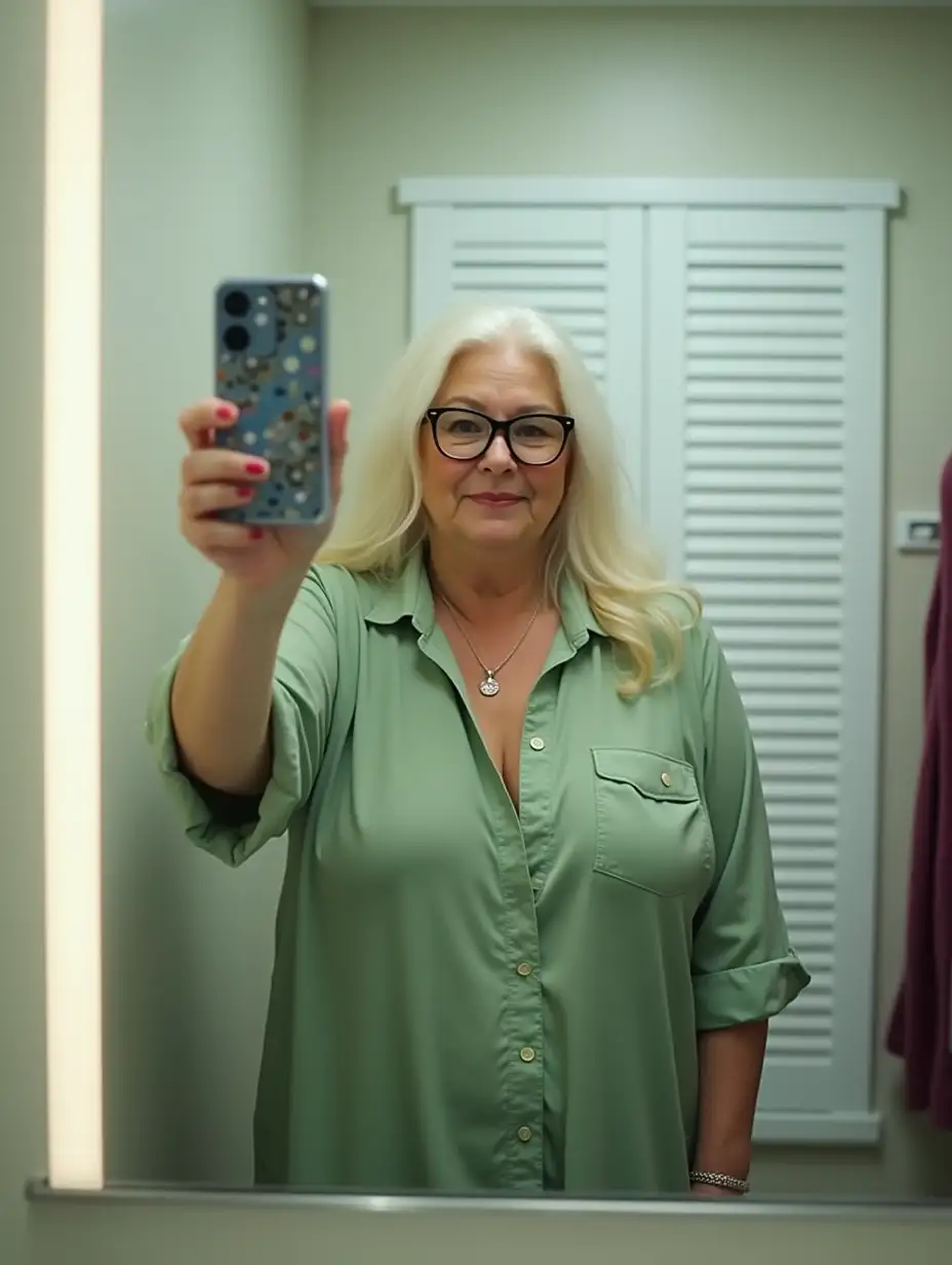 Selfie-of-a-60YearOld-Woman-in-a-Light-Green-Robe-in-a-Bright-Fitting-Room