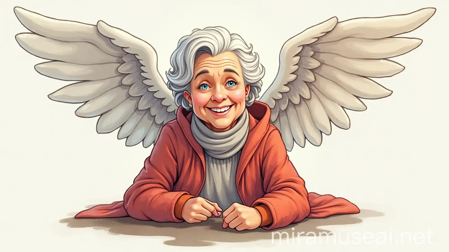 Grandmother with Majestic Wings Soaring in a Dreamlike Landscape