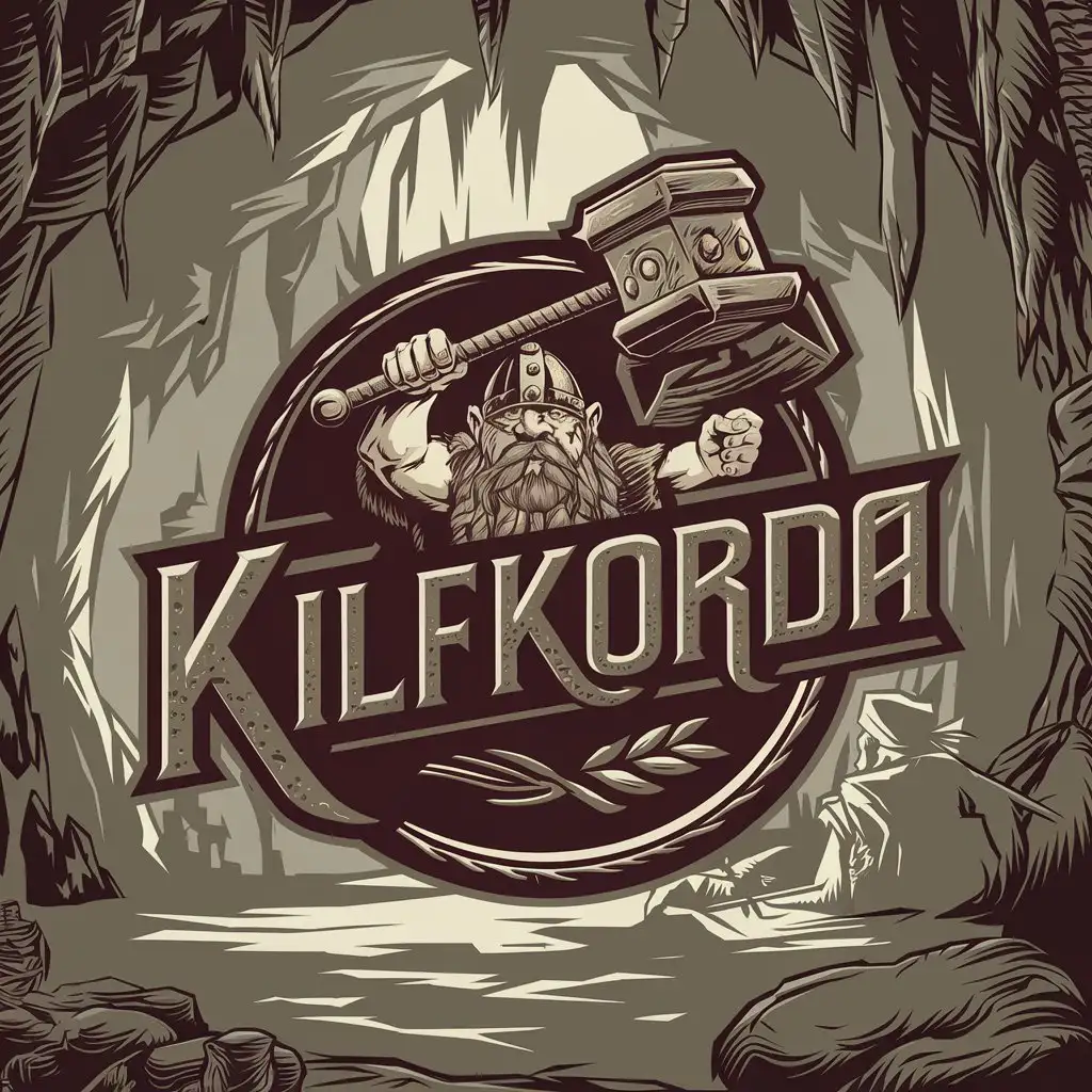 LOGO Design for KILFKORDA Viking Beer Logo with Angry Viking Dwarf Hammer and Medieval Fantasy Theme