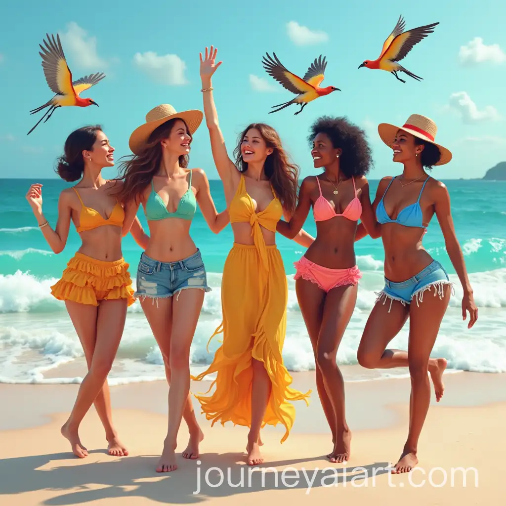 Diverse-Women-Dancing-and-Smiling-on-Beach-with-Colorful-Birds