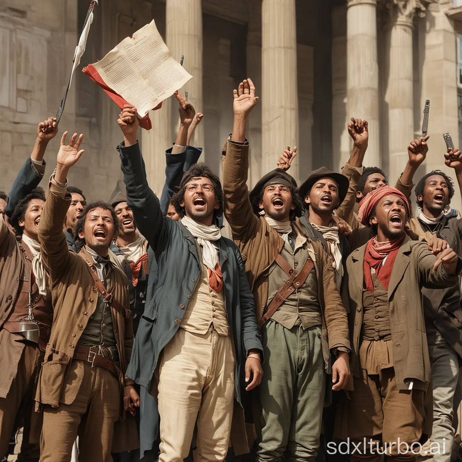 A group of revolutionaries, celebrating with the Declaration of Human and Citizen Rights in hand.