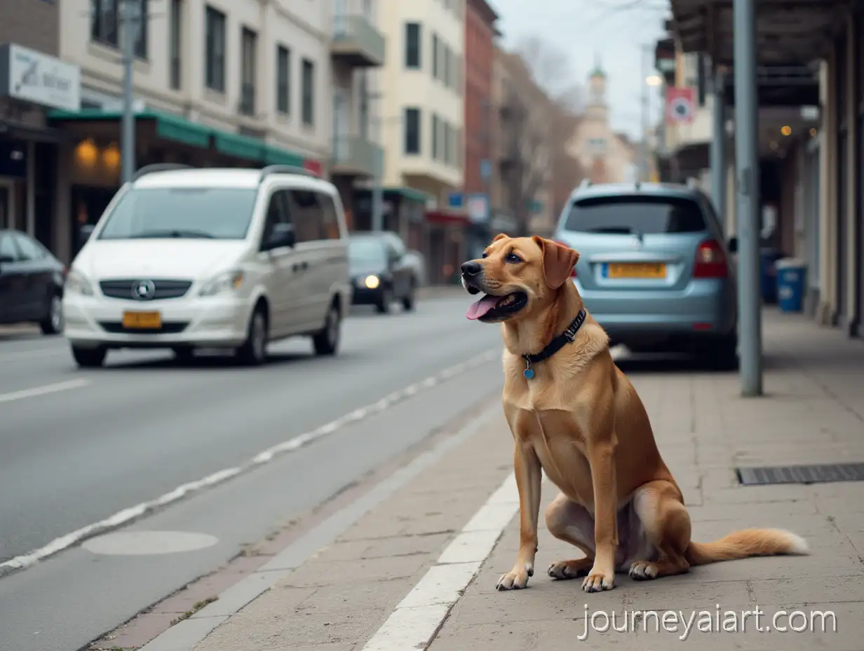 Calm-Dog-Sitting-Peacefully-in-a-Busy-Urban-Traffic-Scene