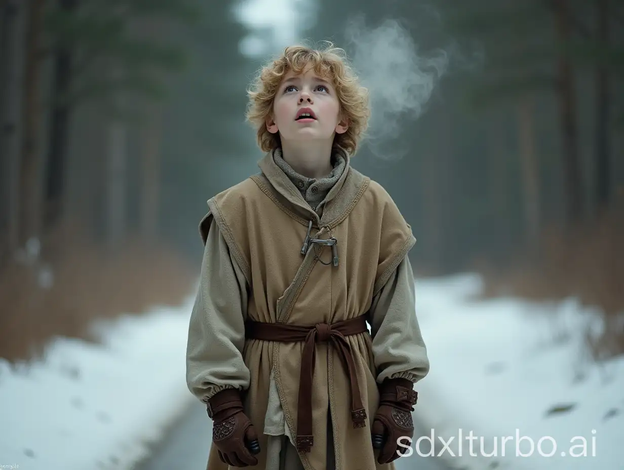 Medieval-Teenage-Boy-Singing-in-Winter-Forest-Road