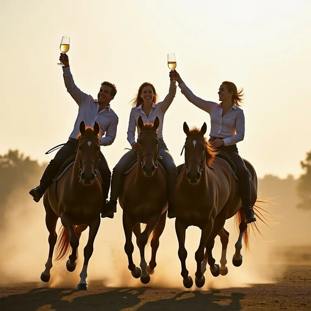 3 horses jumping high and the riders hold a glass of champagne high