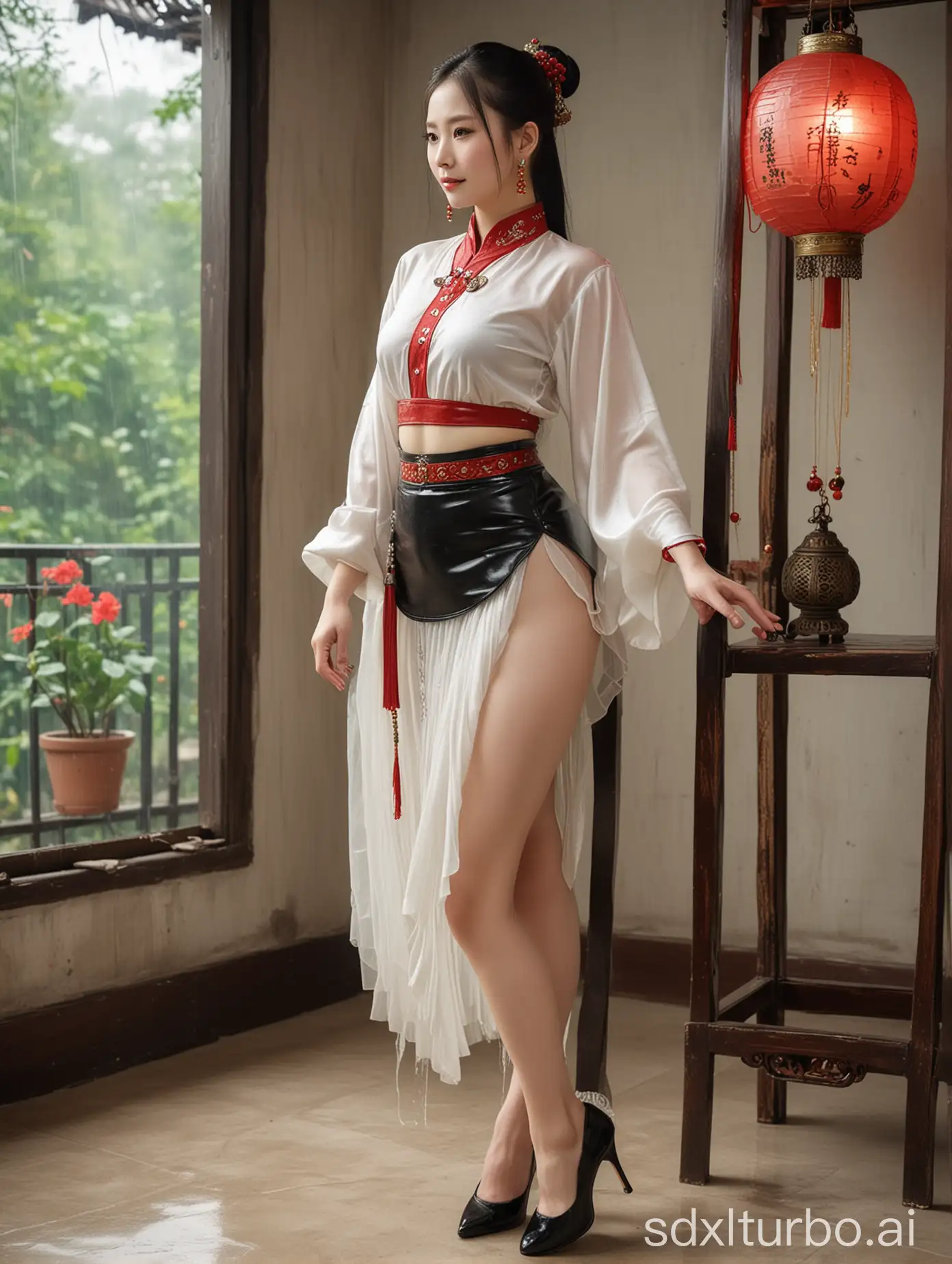 Elegant-Chinese-Woman-in-RainDrenched-White-Skirt-and-Redbottomed-Heels