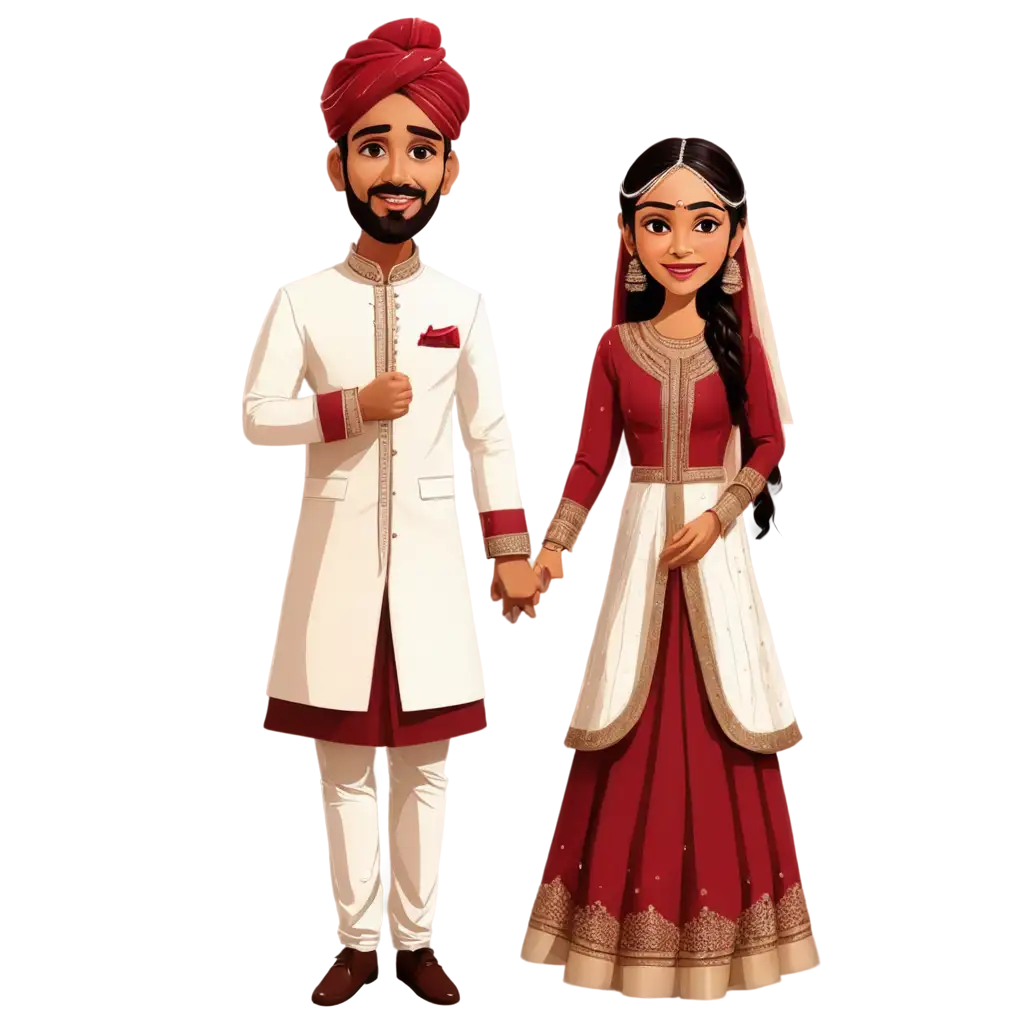 Indian-Hindu-Wedding-Caricature-PNG-Groom-in-White-Sherwani-and-Bride-in-Maroon-Lehenga