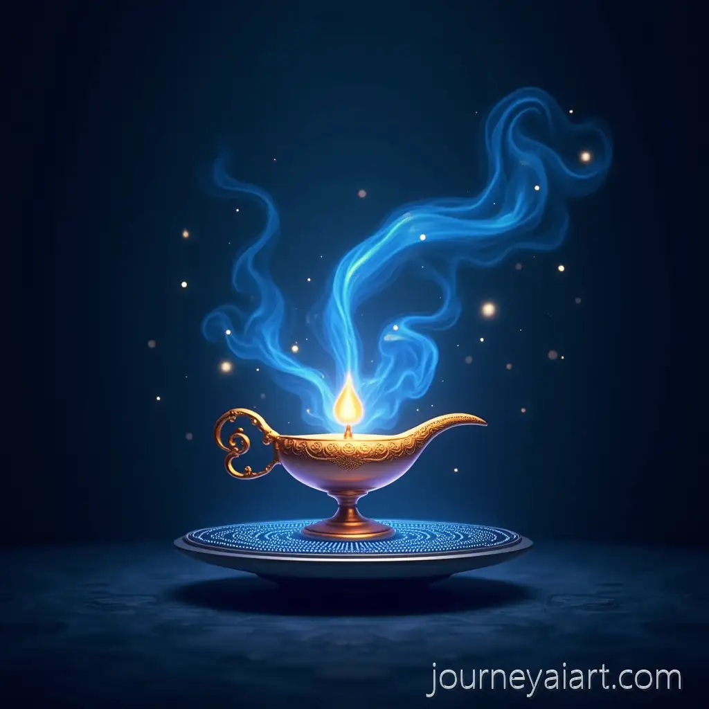 GlAI-Image-Prompt-Expansionowing-Genie-Lamp-with-Digital-Smoke-Forming-Tech-Logos-on-a-Floating-Platform