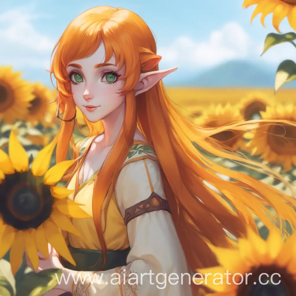 1elf girl, solo, orange hair, long hair, dark hair tips, green eyes, pale skin, yellow clothing with large sleeves
летний эладрин девушка, ВЗРОСЛАЯ, длинные передние пряди, заколка в виде подсолнуха в волосах